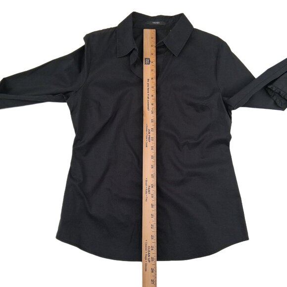 Tahari Black Button Front Shirt French Cuffs Pick Stitch Tailored Stretch SZ M - Picture 10 of 13